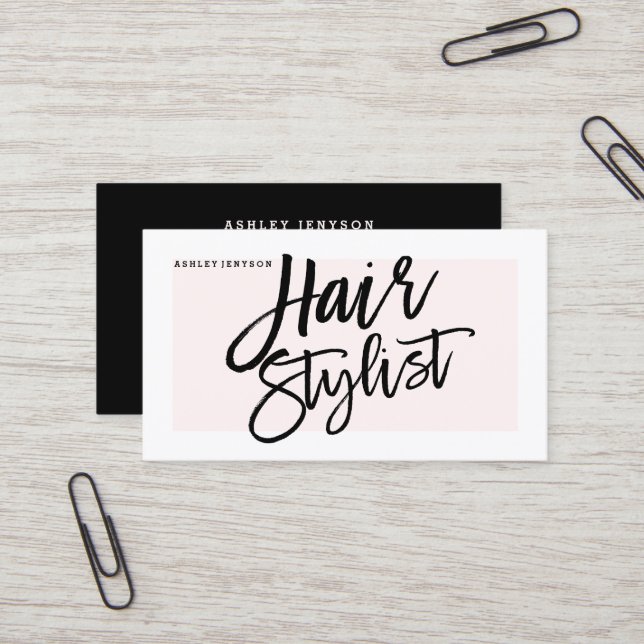 Hair stylist typography modern blush pink business card (Front/Back In Situ)