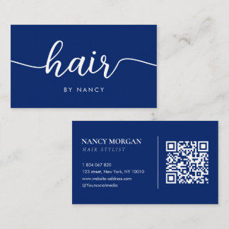 Hair Stylist Typography Qr Code Royal Blue Business Card