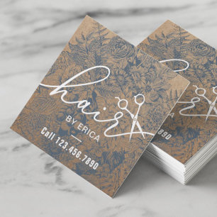 Hair Stylist Vintage Blue Floral Rustic Kraft Square Business Card