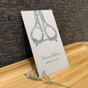 Hair Stylist Vintage Blue Scissor Elegant Linen Business Card