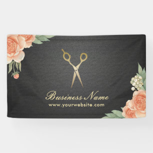 Hair Stylist Vintage Floral Elegant Black & Gold Banner