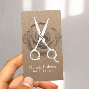 Hair Stylist Vintage Scissor & Flower Rustic Kraft Business Card