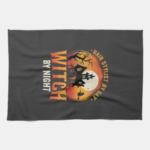 Hair Stylist Witch Halloween Vintage Design_1 Tea Towel