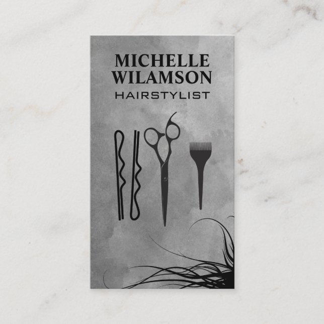 Hair Stylist Work Tools | Flowing Hair Business Card (Front)