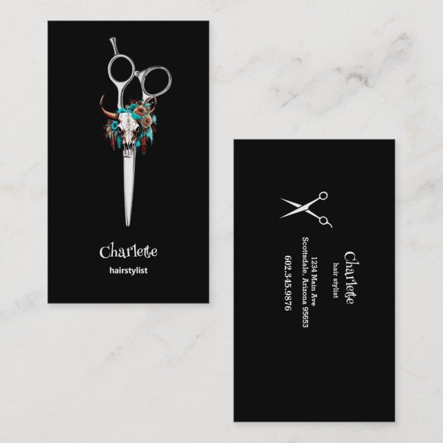 Hair Stylists Scissors Cow Skull Flowers Business Card (Front/Back)