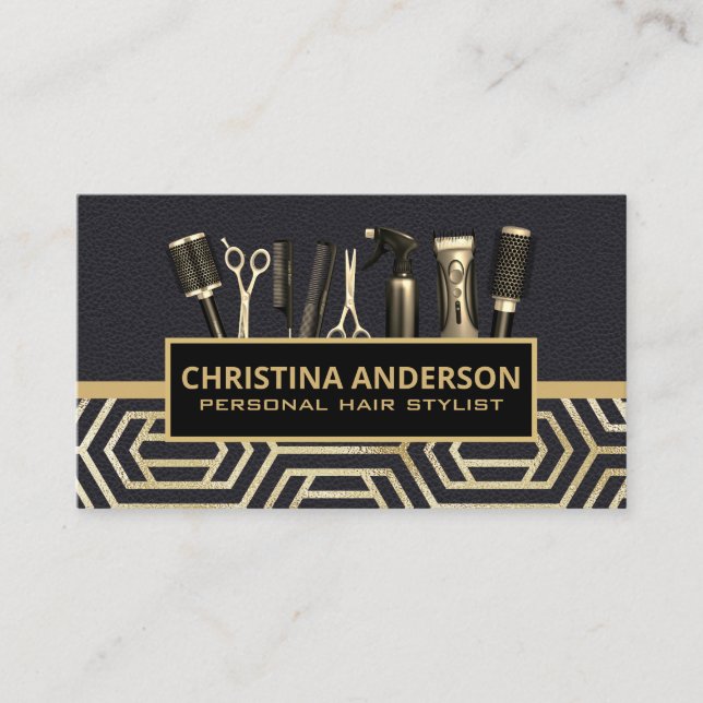 Hair Tools | Leather | Gold Modern Geometric  Business Card (Front)