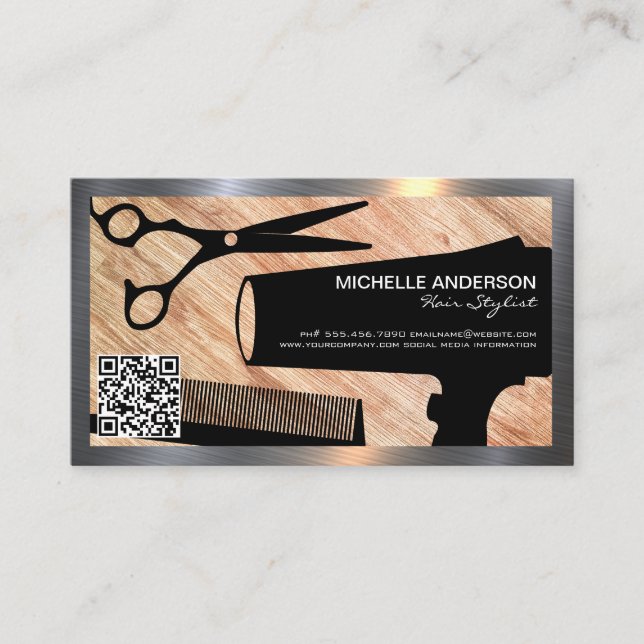 Hair Tools | Wood | QR Code Appointment Card (Front)