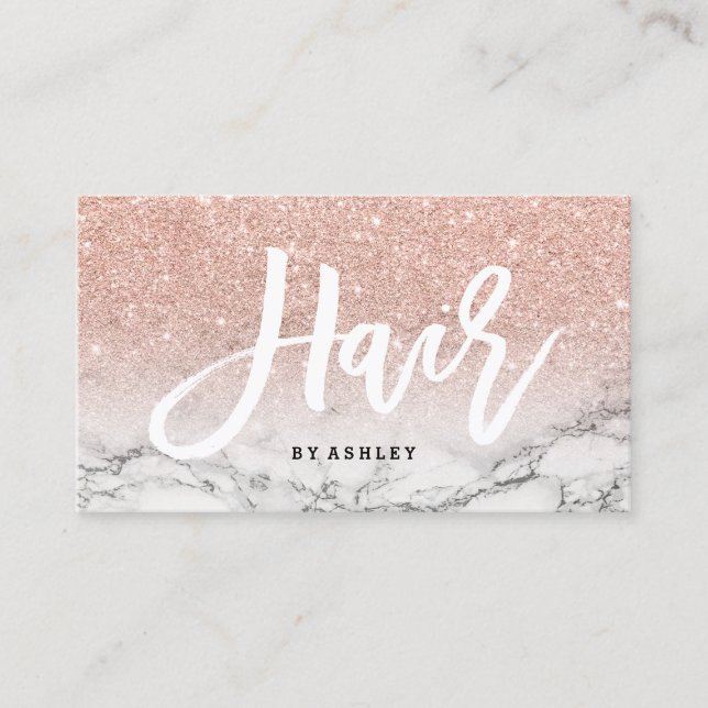 Hair typography rose gold glitter marble business card (Front)
