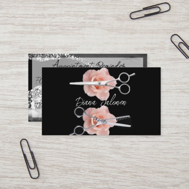 Hairdresser Appointment Reminder Black Marble Business Card (Front/Back In Situ)