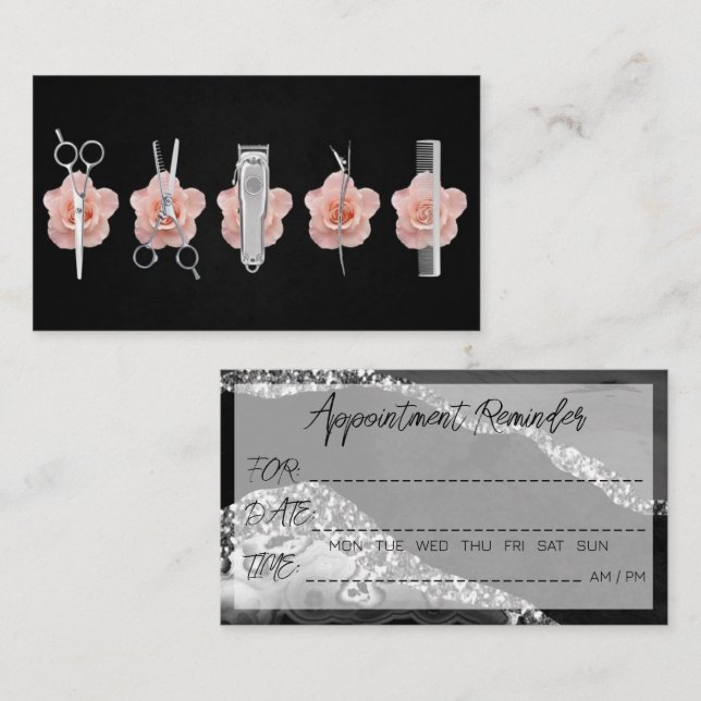 Hairdresser Appointment Reminder Black Marble Business Card (Front/Back)