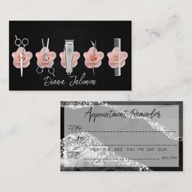 Hairdresser Appointment Reminder Black Marble Business Card (Front/Back)