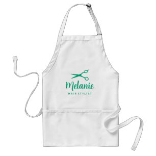 Hairdresser apron with green cutting shears logo