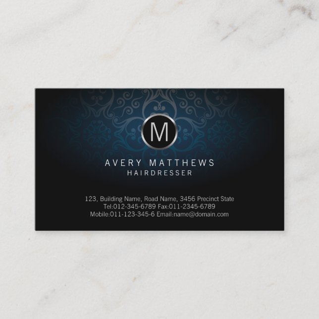 Hairdresser Circle Monogram Dark Damask Business Card (Front)