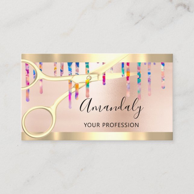 Hairdresser Coiffeur Gold Scissors Holograph Business Card (Front)