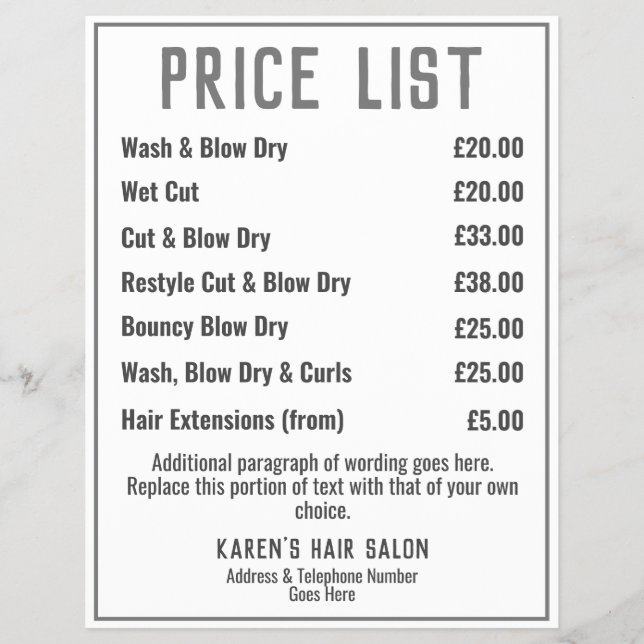 Hairdresser Hair Salon Leaflet Price List Flyer (Front)