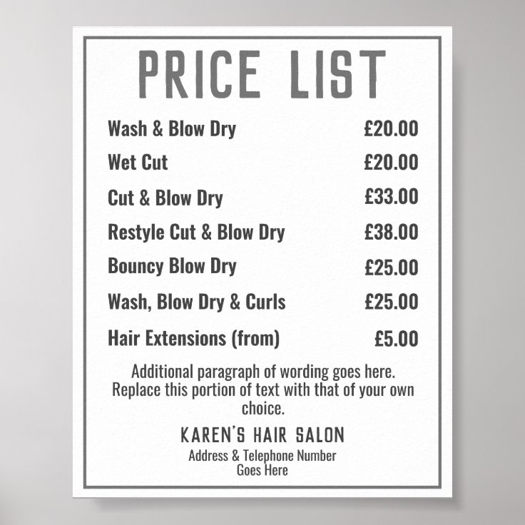 Hairdresser Hair Salon Leaflet Price List Poster Zazzle
