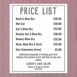Hairdresser Hair Salon Leaflet Price List Poster