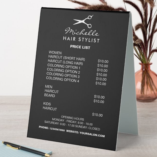 Hairdresser hair stylist salon price list menu (In SItu (Table))