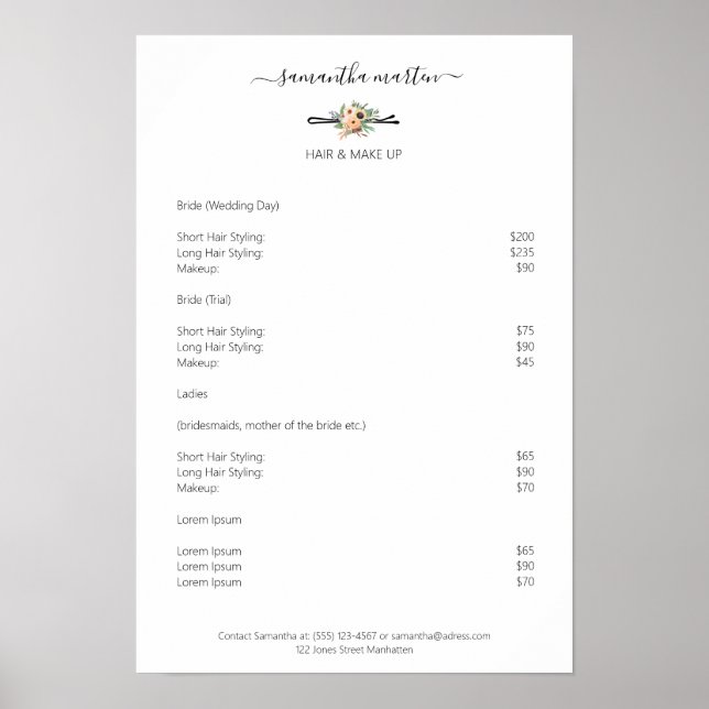 hairdresser hairpin flowers price lists poster (Front)