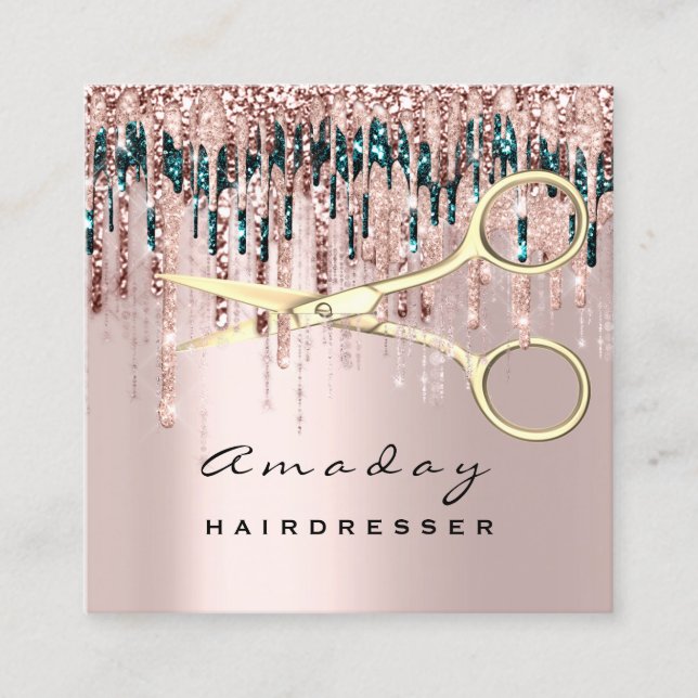 Hairdresser Hairstylist  Golden Scissors Rose Drip Square Business Card (Front)