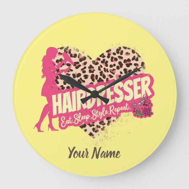 Hairdresser Leopard Hair Hustler Hairstylist Large Clock (Front)