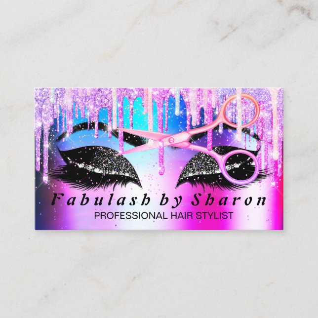 Hairdresser Makeup Eyelash Pink Lux Drips Scissors Business Card (Front)