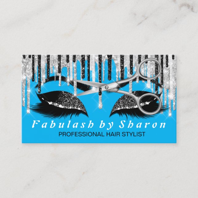 Hairdresser Makeup Eyelash Silver Drips Blue Ocean Business Card (Front)