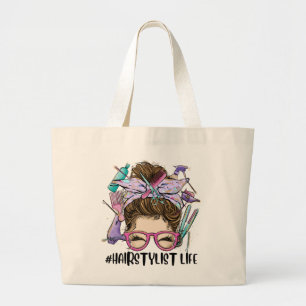 Hairdresser Messy Bun Cosmetologist Hairstylist Large Tote Bag