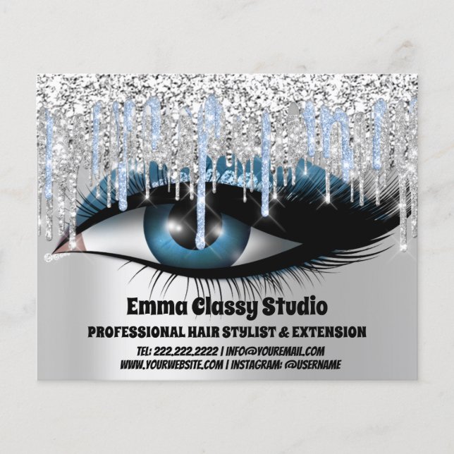 Hairdresser Nail Lashes Silver Blue Glitter Drips Flyer (Front)