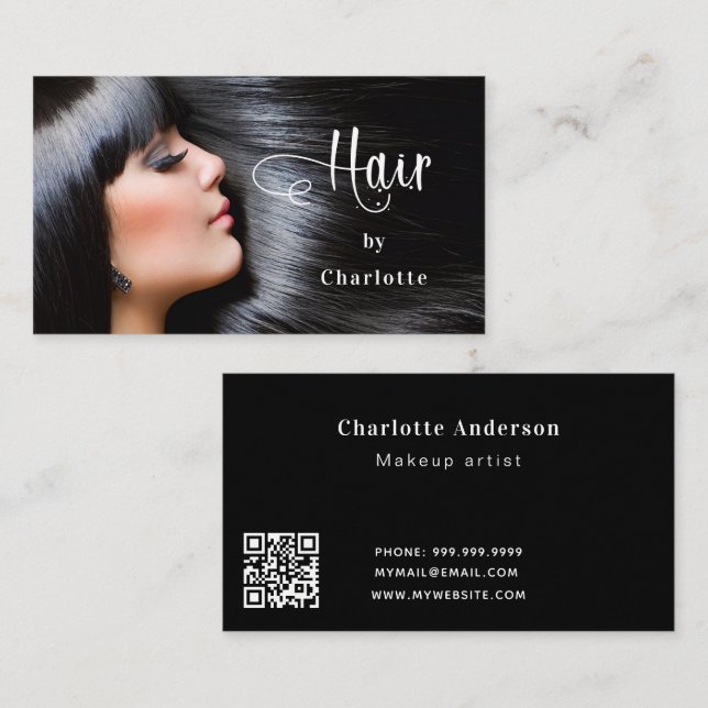 Hairdresser photo script beauty QR code Business Card (Front/Back)