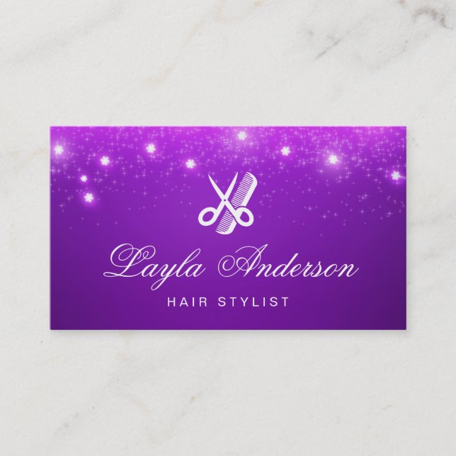 Hairdresser - Purple Stars Glitter Beauty Salon Business Card (Front)