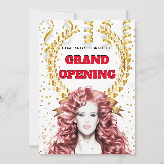 Hairdresser salon grand opening red hair model invitation (Front)