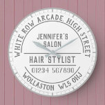 Hairdresser Salon Wall Clock<br><div class="desc">Hair Stylist Salon Wall Clock. Shop clock with business name and other details. Grey and white design.</div>