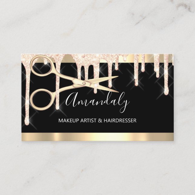 Hairdresser Scissors Makeup Black Gold Drips Business Card (Front)