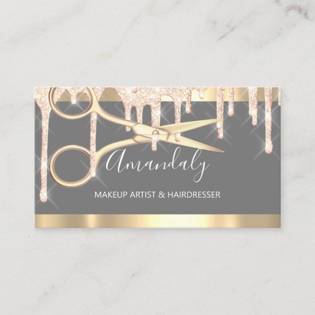 Hairdresser Scissors Makeup Grey Gold Drips Business Card (Front)