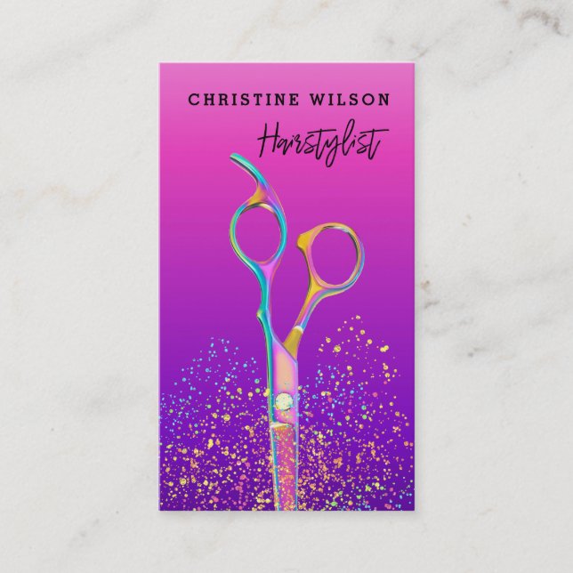 hairdresser scissors purple background business card (Front)