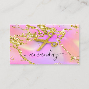 Hairdresser Stylist Gold Scissors Holograph Pink  Business Card
