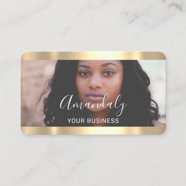 Hairdresser Stylist Photo Gold Frame QrCode Logo  Business Card (Front)