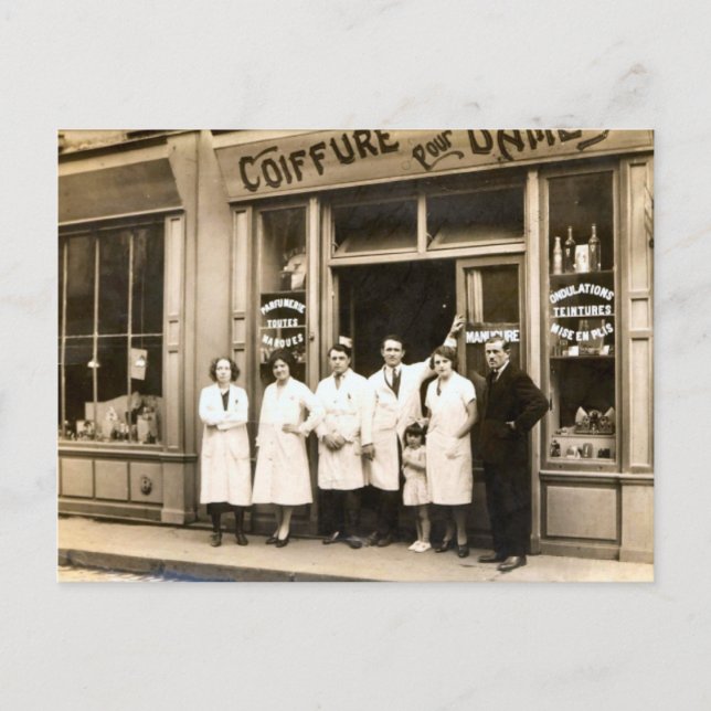 Hairdressing shop, 1930 postcard (Front)