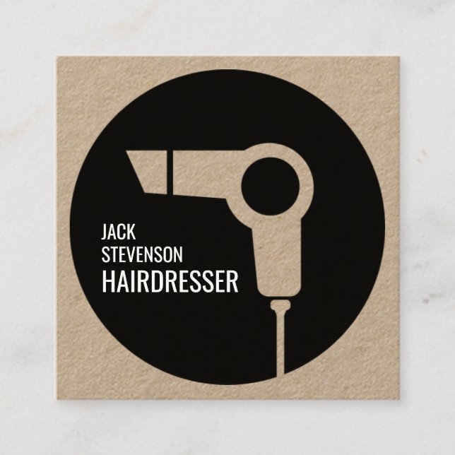 Hairdryer sign hairdressers style kraft square business card (Front)