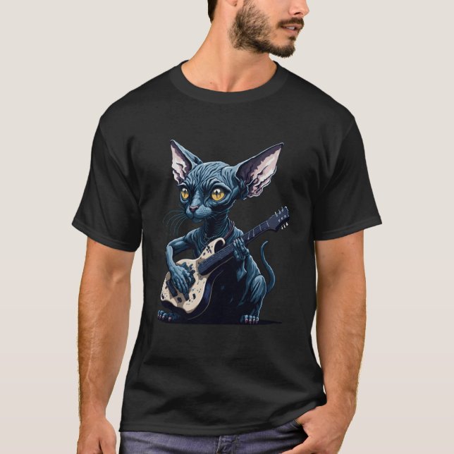 Hairless Sphynx Cat playing guitar T-Shirt (Front)
