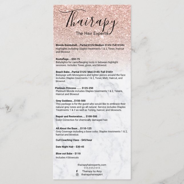 Hairs stylist price list rose gold glitter marble menu (Front)