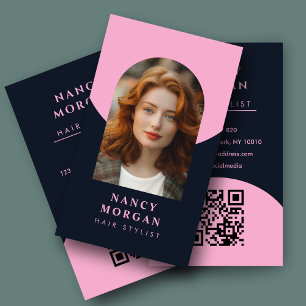 Hairstylist arch photo QR code pink and navy Business Card