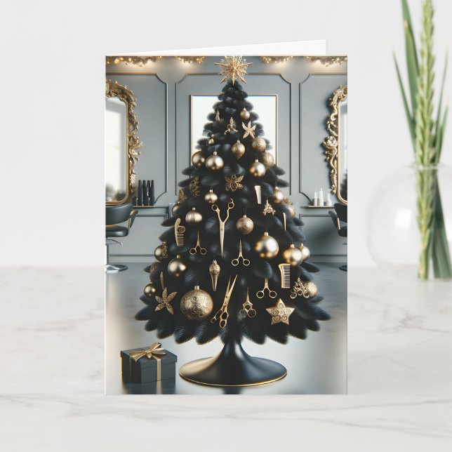 Hairstylist black and gold holiday card (Front)