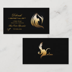Hairstylist Black & Gold Lady Hair Silhouette  Business Card