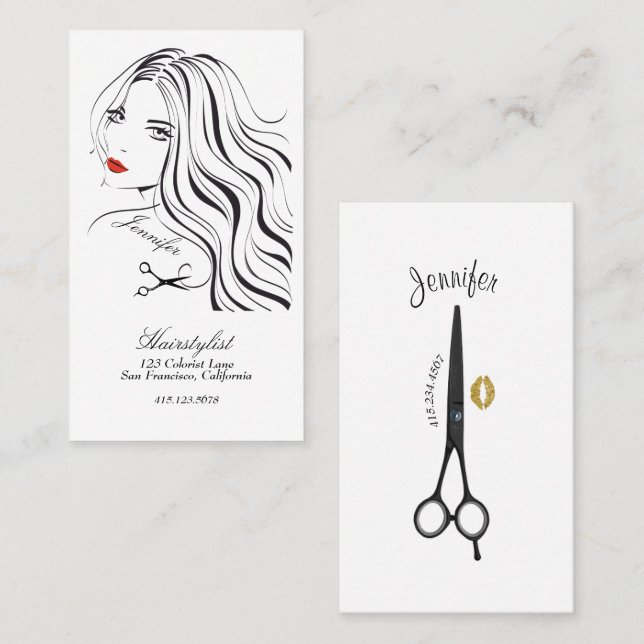 Hairstylist Drawing Long Hair Red Lips Business Card (Front/Back)