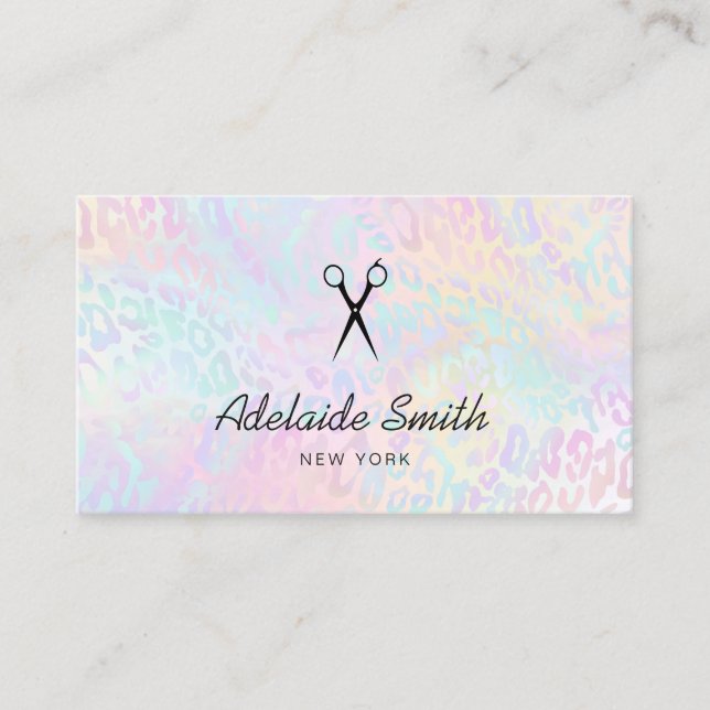 hairstylist FAUX holographic leopard skin Business Card (Front)