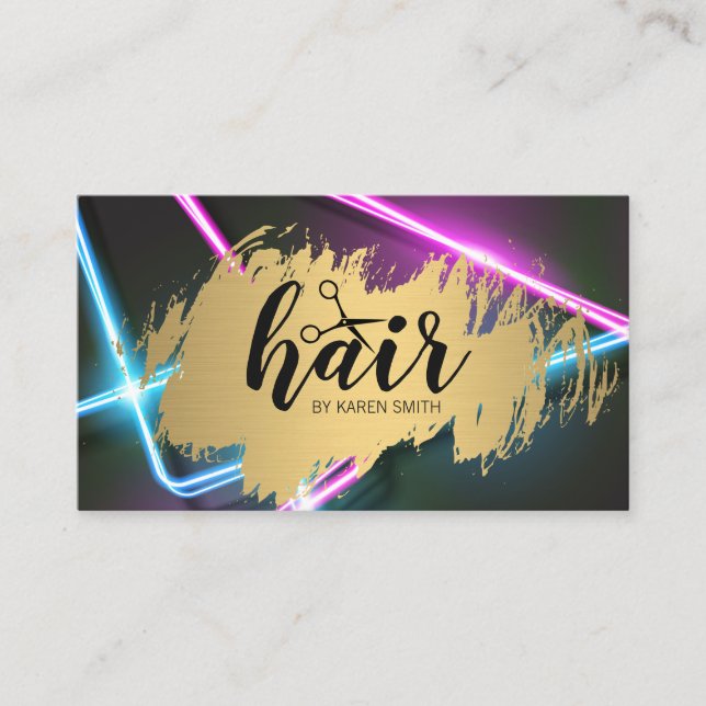 Hairstylist Gold Brushed | Neon Lights Business Card (Front)