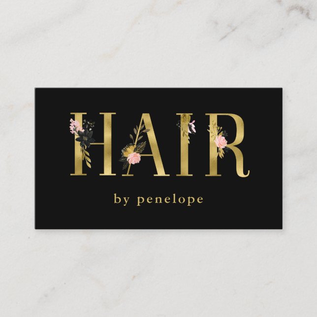 Hairstylist | Gold Floral Typography on Black Business Card (Front)