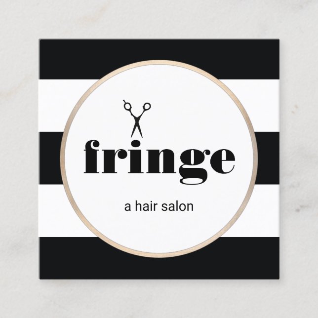Hairstylist Gold Scissors Black White Striped Square Business Card (Front)